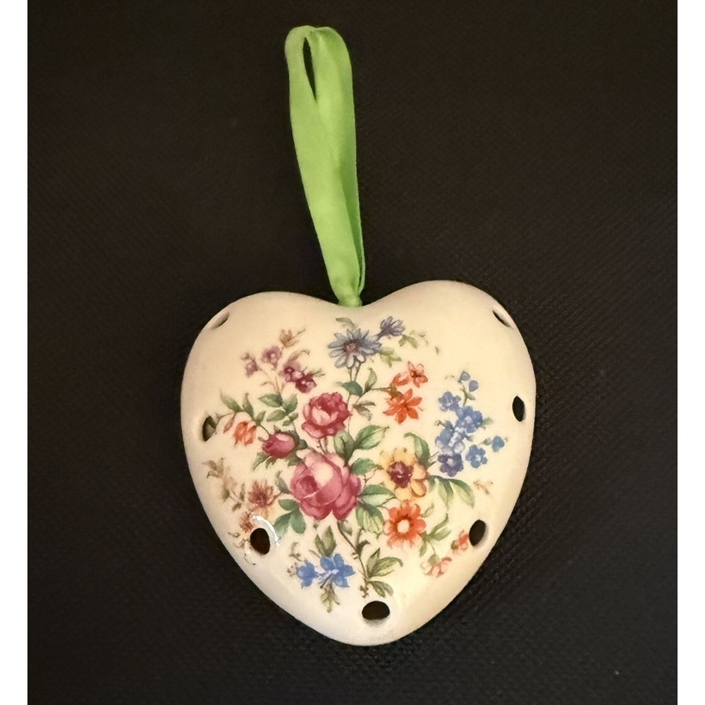 Vintage Britain Pottery Heart Shaped Potpourri Pomander With Floral Design